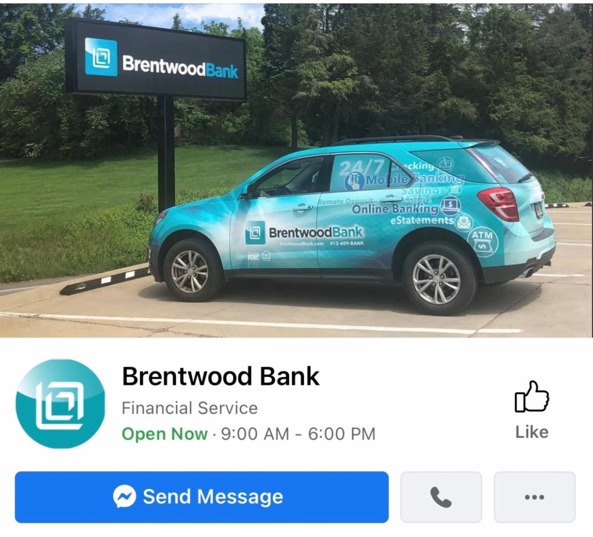 Facebook post with picture of Brentwood Bank car.